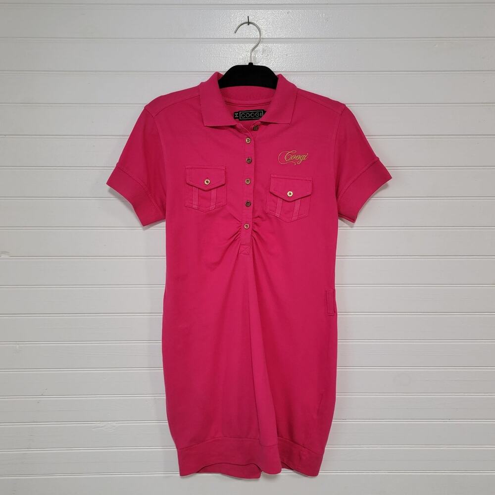 COOGI Size Large Y2K‎ Golf Polo Mini Dress Pink Gold Embroidered Babydoll Ruche